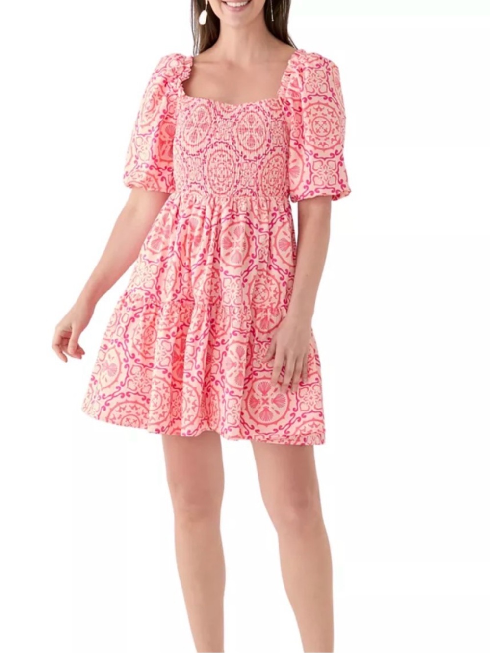 NEW Crown & Ivy Puff Sleeve Smocked Dress XXL 100% Cotton Pink Tile Print Mini